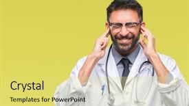  Presentation with old wite man and his music - Beautiful PPT layouts featuring annoyed expression for the noise backdrop and a yellow colored foreground