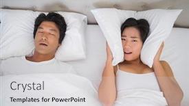  Presentation with snoring - Slides enhanced with annoyed woman covering her ears with pillows to block out snoring at home in bedroom background and a light gray colored foreground