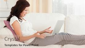  Presentation with social isolation - PPT layouts consisting of annoyed woman with a laptop in her living room working from home in quarantine lockdown social distancing self isolation background and a coral colored foreground