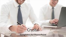  Presentation with financial report - PPT theme enhanced with annual accounts - close up businessman checking financial background and a coral colored foreground