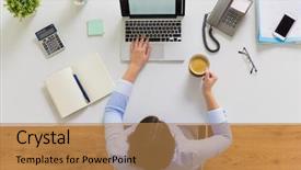  Presentation with audit - Slide set enhanced with annual audit - business people and technology concept background and a coral colored foreground