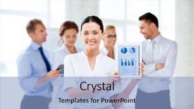  Presentation with annual meeting - Presentation design featuring annual meeting - businesswoman showing tablet pc background and a light blue colored foreground