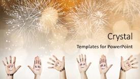  Presentation with new year - PPT theme having annual party 2015 - painted hands with smiling faces background and a lemonade colored foreground
