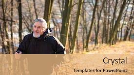  Presentation with walking exercise - Audience pleasing presentation theme consisting of annunity - senior man nordic walking enjoying backdrop and a coral colored foreground