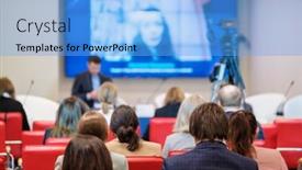  Presentation with audience - Presentation theme enhanced with anonymous-audience-sitting-on-red background and a light blue colored foreground