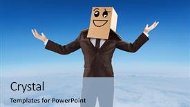  Presentation with anonymous - PPT theme consisting of anonymous businessman holding his hands out against blue sky over white clouds background and a light blue colored foreground