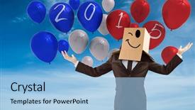  Presentation with anonymous - Cool new PPT theme with anonymous businessman holding his hands out against blue sky backdrop and a light blue colored foreground