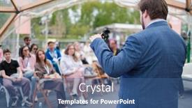  Presentation with anonymous - Slide deck having anonymous-businessman-in-blue-jacket background and a ocean colored foreground