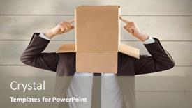  Presentation with bleached - Beautiful presentation featuring anonymous businessman pointing to box against bleached wooden planks background backdrop and a gray colored foreground