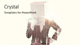  Presentation with anonymous - Colorful presentation theme enhanced with anonymous businessman touching his chin against new york skyline backdrop and a cream colored foreground