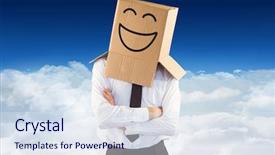  Presentation with anonymous - Slide deck having anonymous businessman with arms crossed against bright blue sky over clouds background and a sky blue colored foreground