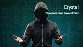  Presentation with computer hacker - Colorful PPT layouts enhanced with anonymous computer hacker over abstract backdrop and a forest green colored foreground