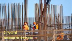  Presentation with bridge construction - Cool new slide deck with anonymous-male-builders-in-uniform backdrop and a tawny brown colored foreground