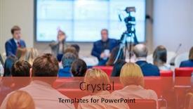  Presentation with speakers - PPT layouts enhanced with anonymous-people-sitting-on-chairs background and a red colored foreground