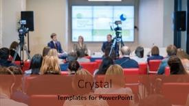  Presentation with speakers - Slides featuring anonymous-people-sitting-on-chairs background and a tawny brown colored foreground