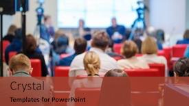  Presentation with speakers - Slide deck having anonymous-people-sitting-on-chairs background and a red colored foreground