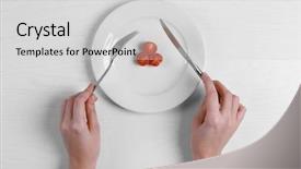  Presentation with cherry - Presentation theme having anorexia - female hands holding fork background and a light gray colored foreground