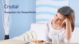  Presentation with eating disorder - Theme with anorexia - young depressed girl with eating background and a sky blue colored foreground