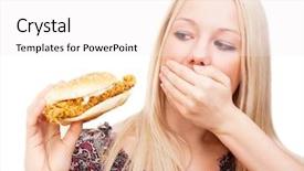  Presentation with hamburger - Slide deck having anorexia - young woman refusing to eat background and a sky blue colored foreground