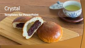  Presentation with green tea - PPT theme enhanced with japaneses bakery - anpan and green tea background and a coral colored foreground