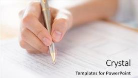  Presentation with mobile gps application - Cool new PPT theme with answer documents - hand with pen over application backdrop and a  colored foreground