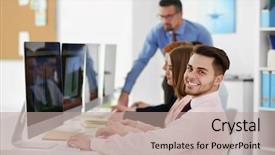  Presentation with working - Slide set having answer documents - young engineers working background and a coral colored foreground