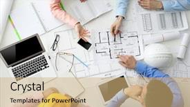  Presentation with working - Slides featuring answer documents - young engineers working background and a coral colored foreground