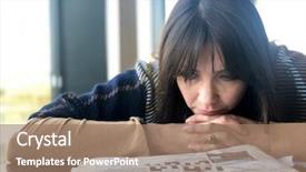  Presentation with find - Cool new slide set with answered - beautiful brunette woman struggles backdrop and a coral colored foreground