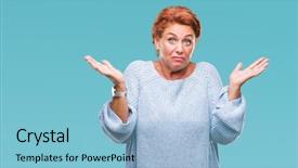  Presentation with woman hands raised to sky - PPT layouts featuring answers - atrractive senior caucasian redhead woman wearing background and a light blue colored foreground