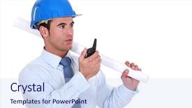  Presentation with walkie talkie - Presentation design enhanced with antenna project - engineer holding a rolled-up plan background and a  colored foreground