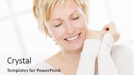  Presentation with anti aging - PPT theme consisting of anti aging - forty years old blondy woman background and a sky blue colored foreground