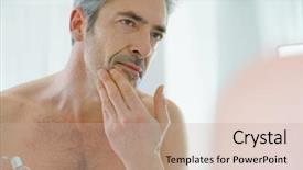  Presentation with mirror - Slide deck with anti aging - portrait of mature man background and a soft green colored foreground