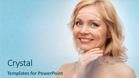  Presentation with anti aging - Slide set featuring anti aging - smiling woman with bare shoulders background and a light blue colored foreground
