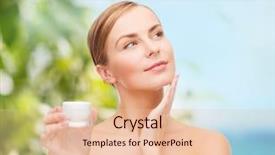  Presentation with cosmetics cream - PPT theme with cosmetics health and beauty concept - beautiful woman applying cream on her skin background and a lemonade colored foreground