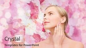  Presentation with beauty cosmetics - Colorful presentation design enhanced with cosmetics health and beauty concept - beautiful woman applying cream on her skin backdrop and a lemonade colored foreground