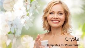  Presentation with anti age - Presentation theme enhanced with creme anti age - happy woman with cream jar background and a coral colored foreground