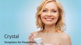  Presentation with happy smiling woman dental health - PPT theme featuring creme anti age - happy woman with cream jar background and a light blue colored foreground