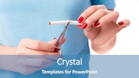  Presentation with cigarette - Beautiful presentation design featuring tobacco stop smoke good - young woman cuts a cigarette backdrop and a teal colored foreground