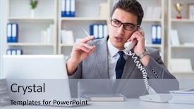  Presentation with anti stress - PPT layouts consisting of anti stress - businessman smoking in office background and a light blue colored foreground