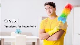  Presentation with helping man mouintain - Presentation design consisting of anti stress - man husband cleaning the house background and a  colored foreground