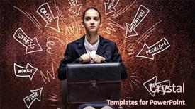  Presentation with upset - Colorful PPT layouts enhanced with anti stress - young upset businesswoman sitting backdrop and a wine colored foreground