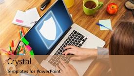  Presentation with anti virus - Audience pleasing slides consisting of anti virus - woman working with laptop placed backdrop and a coral colored foreground