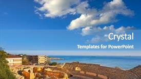  Presentation with amphitheater - Beautiful PPT theme featuring antic - amphitheater roman in tarragona backdrop and a teal colored foreground
