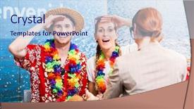  Presentation with travel agency - Theme enhanced with anticipation - tourists in travel agency anticipating background and a sky blue colored foreground