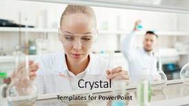  Presentation with flasks - Theme consisting of antidote - female scientist with flasks studying background and a soft green colored foreground