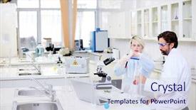  Presentation with chemical - Amazing PPT theme having antidote - man and woman in whitecoats backdrop and a sky blue colored foreground