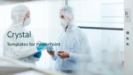  Presentation with chemical - Presentation design consisting of antidote - two contemporary scientists in protective background and a sky blue colored foreground