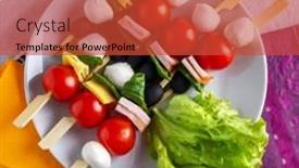 Presentation with white plate - Cool new PPT theme with antipasti-on-bamboo-skewers backdrop and a red colored foreground