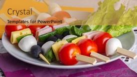  Presentation with mozzarella cheese - Slide deck with antipasti-on-bamboo-skewers background and a yellow colored foreground