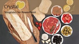  Presentation with wood board - Cool new slide set with antipasti with olives salami sun dried and fresh tomatoes garlic lemon oil with ciabatta bread on an olive wood board with rolls on slate background backdrop and a coral colored foreground